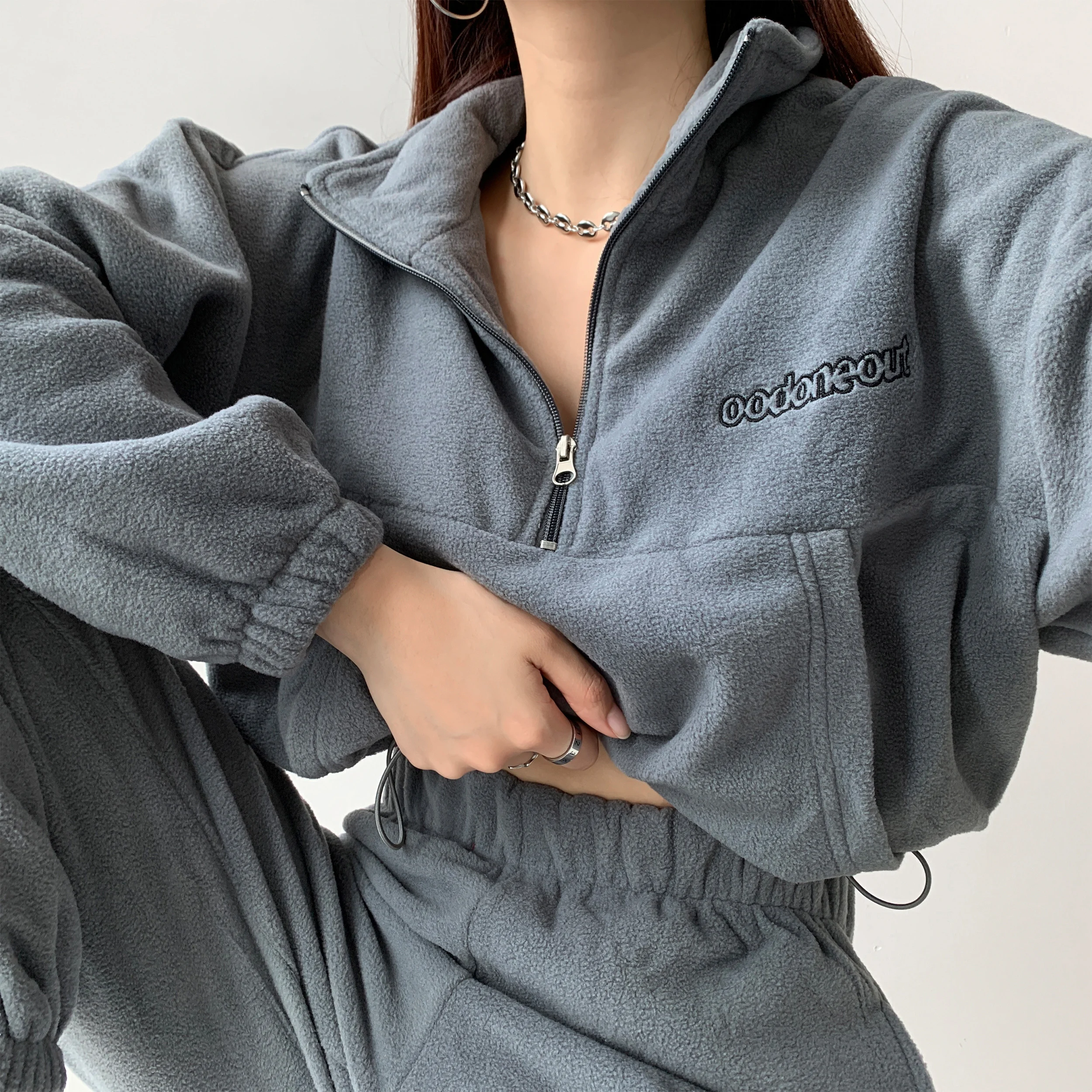 

European and American style drawstring waist sweater women's letter embroidery thickened long sleeve coat spring and autumn half