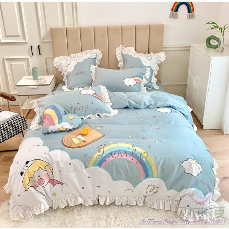 

Fresh Cute Pure Potton Bedding Set 60s long-staple cotton rainbow embroidery cartoon duvet cover 1.8m bedding Quality Flat Pink