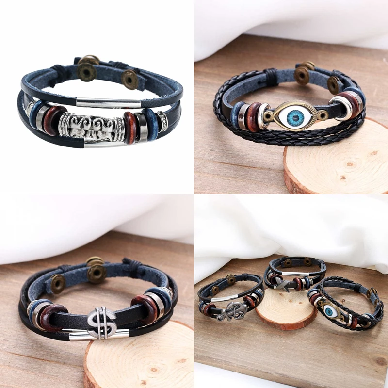 Винтажный Мужской кожаный браслет череп Звездный глаз многослойный с подвеской