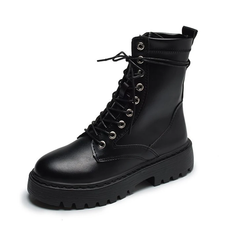 

Женские ботильоны на среднем каблуке, ботинки из искусственной кожи на платформе, на шнуровке, в британском стиле, Осень-зима 2020