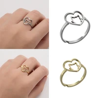 stainless steel friendship cute rings for teens cat peach hollow heart jewelry couple unique casual adjustable rings on fingers