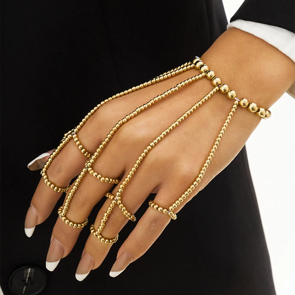 

Creative Woven Gold CCB Beaded Harness Wrist Bracelet Hand Jewelry for Women Punk Pearls Chain Finger Ring Bracelet Accessories
