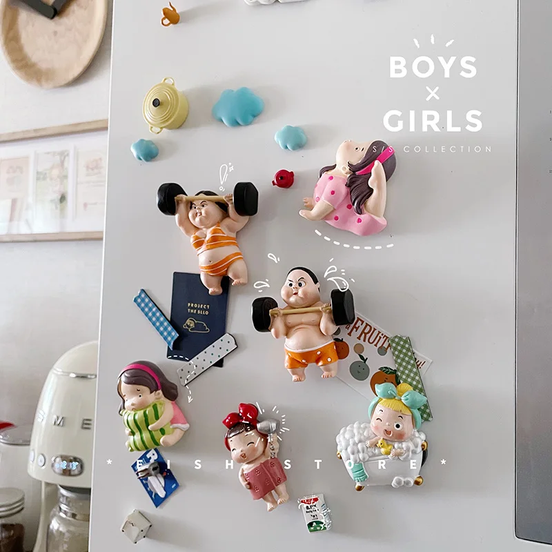 

Bathroom Doll Fat Girl Weightlifting Sports Resin Refrigerator Magnet Magnet Refrigerator Decoration