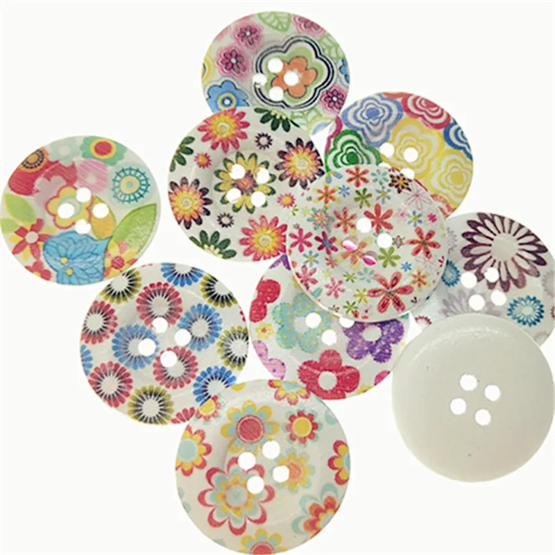 

Hot 10PCs Mixed Big 25/30/40/50mm 4 Holes Round Painting Flowers Wooden Buttons Craft Sewing Scrapbooking For Overcoat Handmade