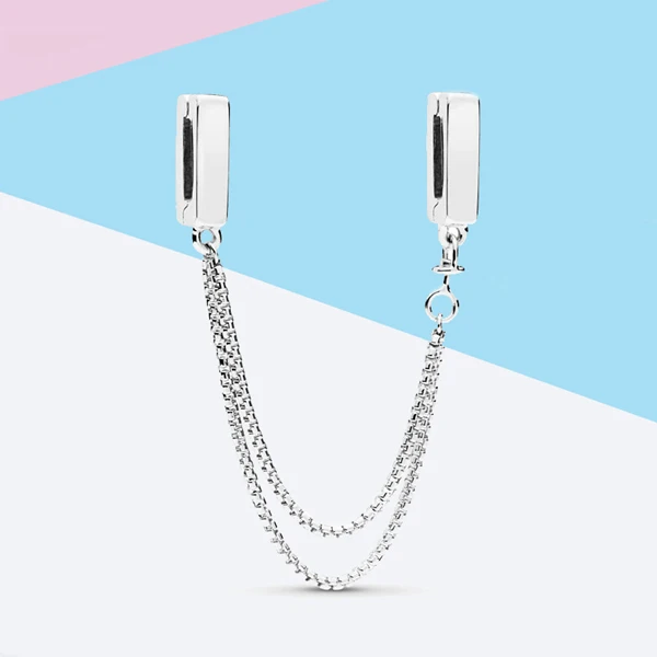 Safety chain Настоящее серебро 925 проба отражения ослепительно клип талисманы Круглый Хрустальная корона бусины в форме сердца Fit Pandora для женщин браслет - Цвет: Safety chain