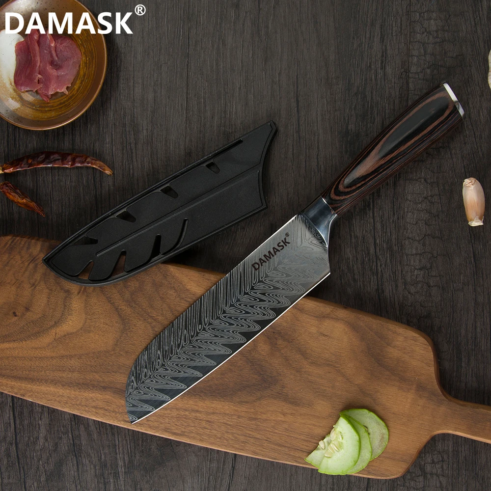 Набор кухонных ножей Damask 7Cr17 Mov кухонный нож из нержавеющей стали высококлассный нож с рисунком рыбьей кости с бесплатными подарочными ножны