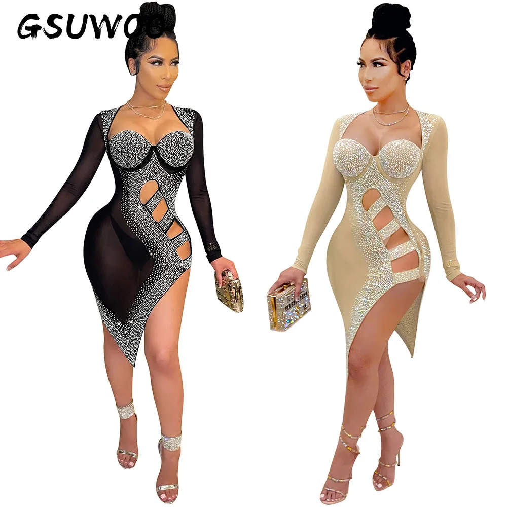 

Женское сексуальное Сетчатое платье GSUWOO для ночного клуба с вырезом лодочкой с длинным рукавом стразы платье с вырезом сердечком несимметр...