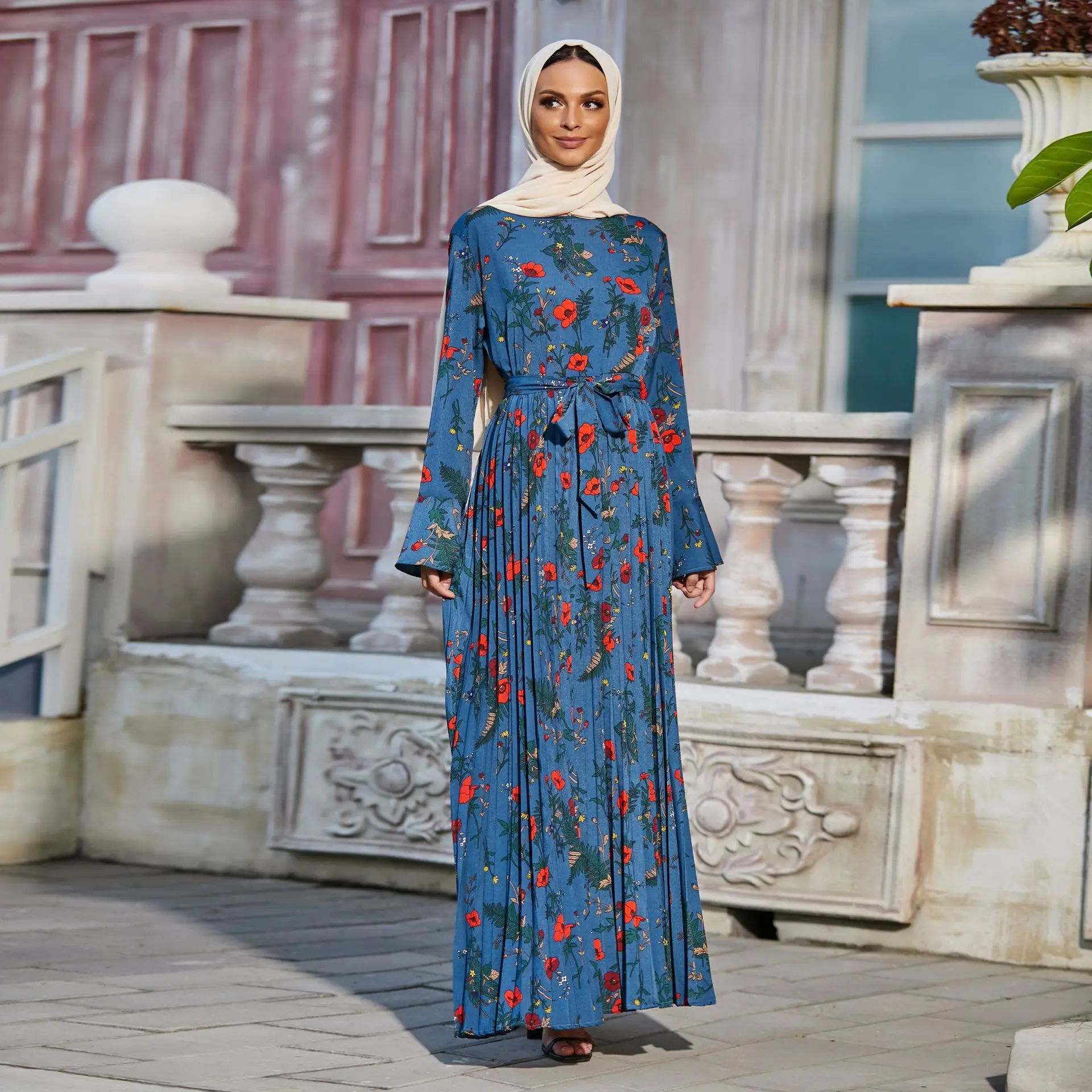 

Muslim Dress Plus Size Women Dress Pleated Ankle Length Print Dress Middle East Dubai Abaya Turkey Muslim Fashion Robe Donsignet