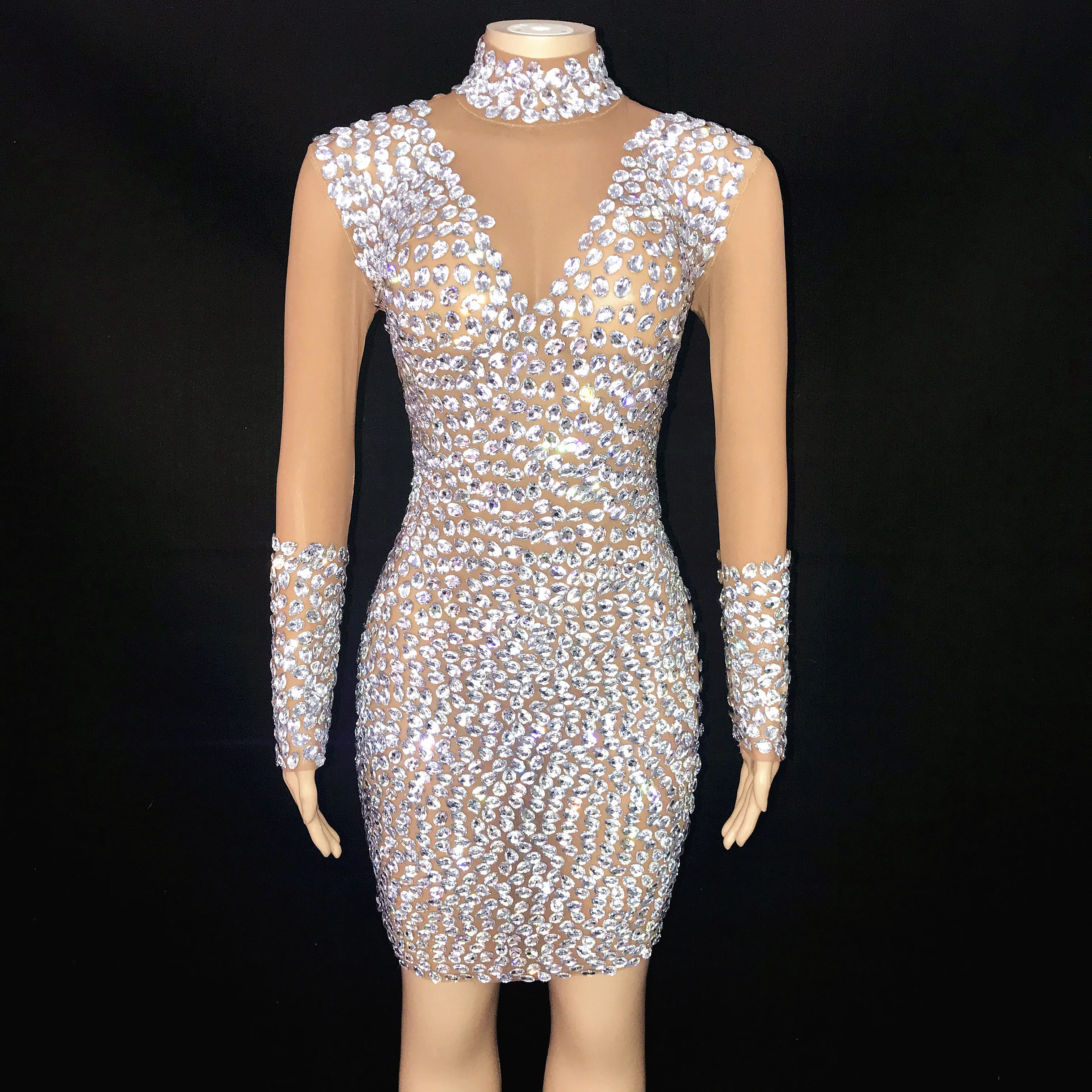 Glänzende Silber Strass Rollkragen Kleid Prom Abend Sexy Transparent Mesh Kostüm Durchsichtig Geburtstag Lange Ärmeln Kleid
