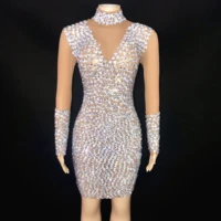 shining silver rhinestones turtleneck dress prom evening sexy transparent mesh costume see through birthday long sleeves dress