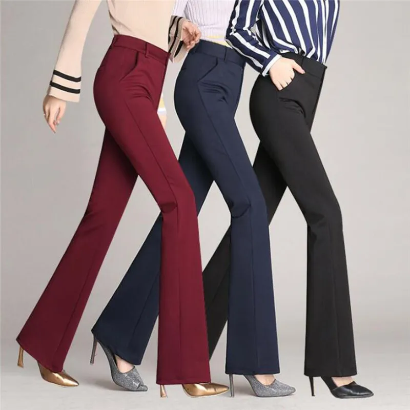

2021 Hot Women Long Pants Solid Color High Waist Wide Leg Flared OL Trousers Ladies Party Long Pant Sexy Femme Trouser