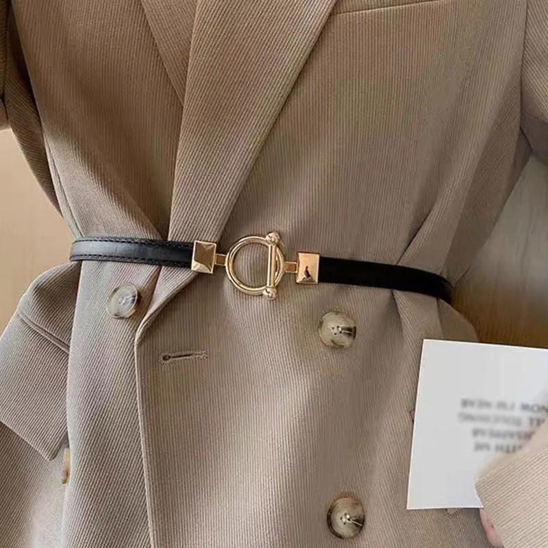 Cinturón fino de cuero para mujer, correa de cintura ajustable con hebilla de gancho Simple de Metal para vestido de pantalón, pretina decorativa de diseñador de marca