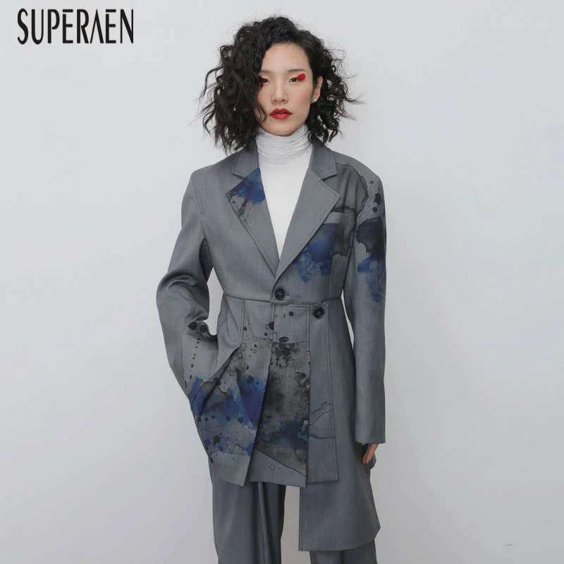 

SuperAen Европейский костюм куртки женские хлопковые модные Дикие повседневные Дамские куртки с принтом Весенняя Новинка 2021 Женская одежда с д...