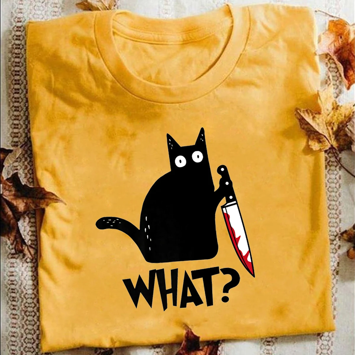 

Cat What T Shirt Murderous Cat With Knife Funny Halloween Gift T Shirt Unisex High quality cotton t-shirts Halloween present