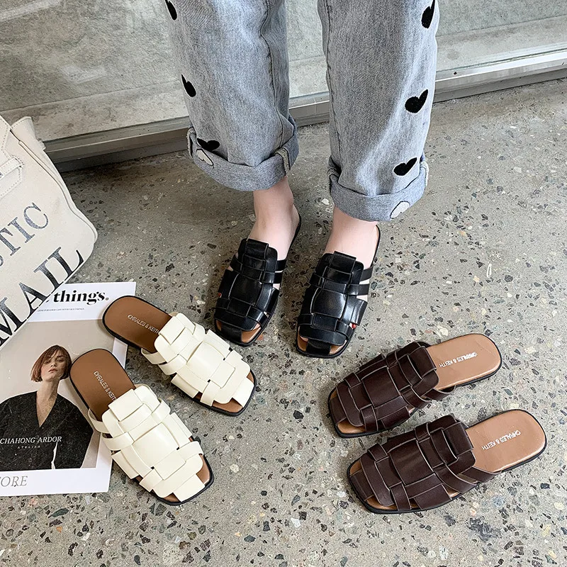 

Flat Shoes Female Womens Slippers Outdoor Luxury Slides Cover Toe Pantofle Low Designer 2021 Summer Beach Rubber Rome PU Basic