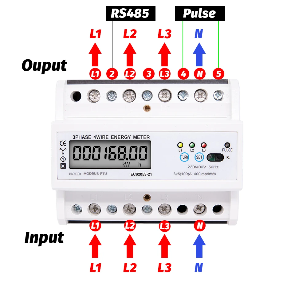 DIN Rail Мощность метр 5-100A 380V RS485 Modbus-Rtu ЖК-дисплей цифровой измеритель кВтч