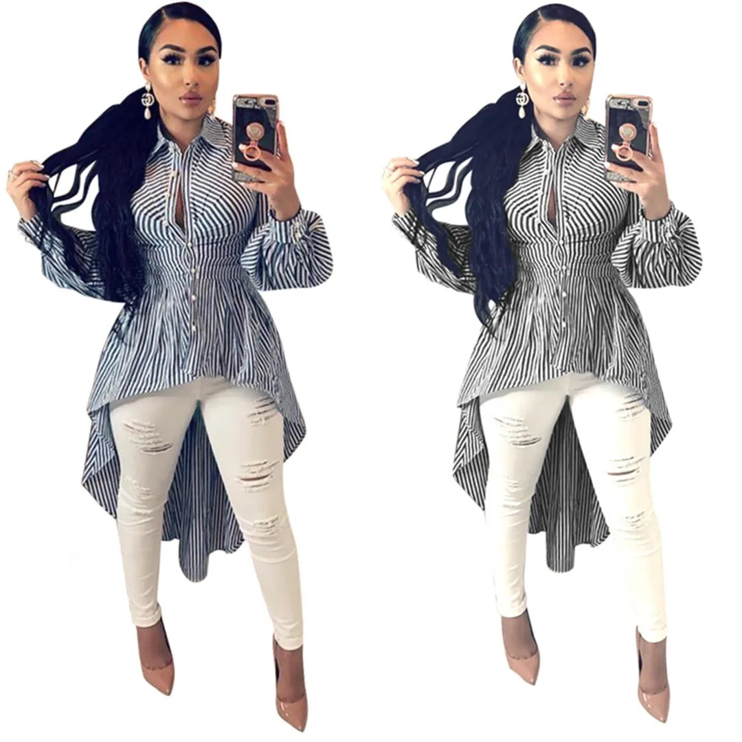 Осенне зимняя длинная и короткая рубашка в сине белую полоску асимметричная