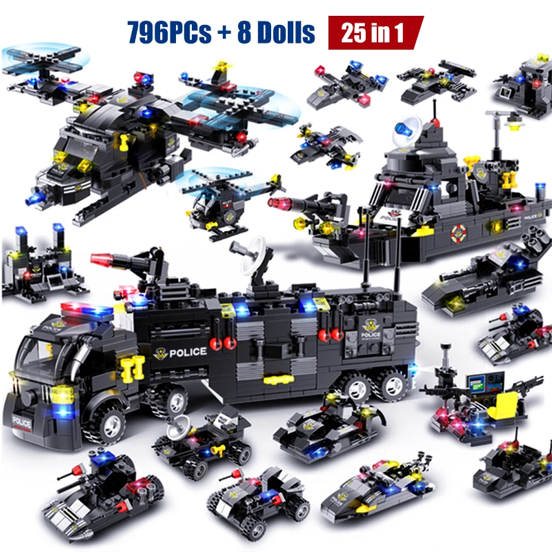 1095 шт. спецназ город полицейский участок строительные блоки игрушки автомобиль