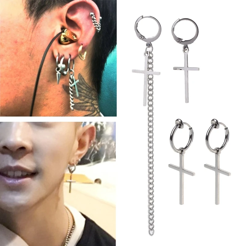 

Kpop Korean Titanium Cross Tassel Long Drop Earrings Jewelry Unisex E56A