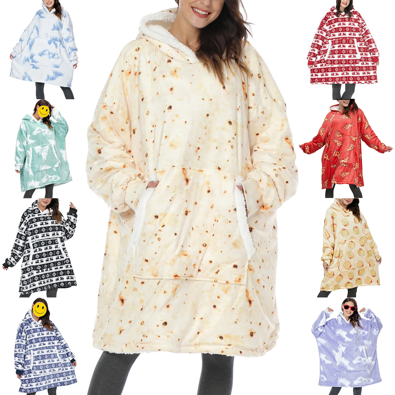 

Женское зимнее одеяло с капюшоном, широкая Домашняя одежда, дополнительная окрашенная снежинка/худи с галстуком, пуловер с длинным рукавом,...