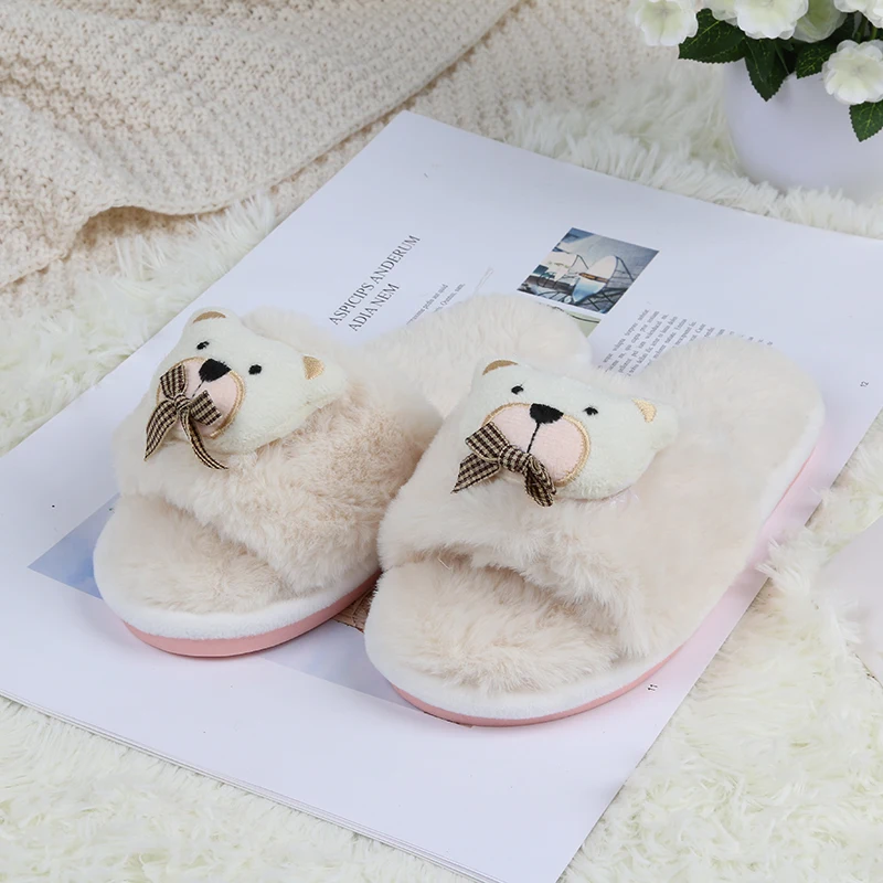 

Ginchasio Women Slippers Faux Fur Fluffy Winter Short Plush Animals Bear Yellow Color Fuzzy Cozy Home Furry Slippers