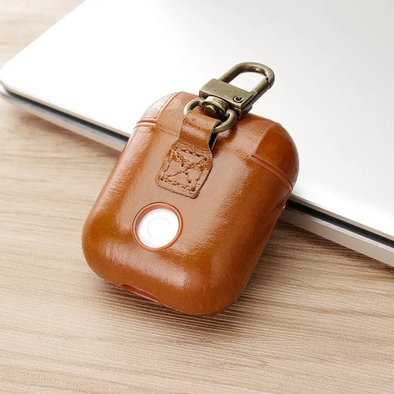 

Luxury leather wireless bluetooth earphone protective cover for Airpods1 2 retro oil wax pattern hook protective cover airpod 2