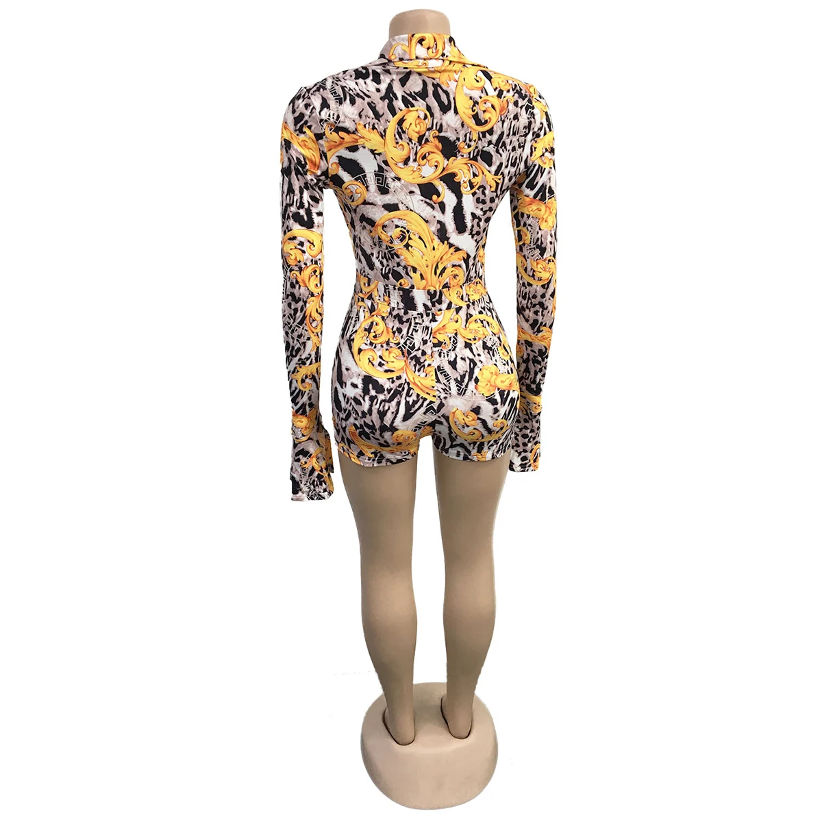 

Women's Leopard Romper, Short Overalls, Long Ruffle Sleeve V Neck Buttons Elastic Waists Clothes