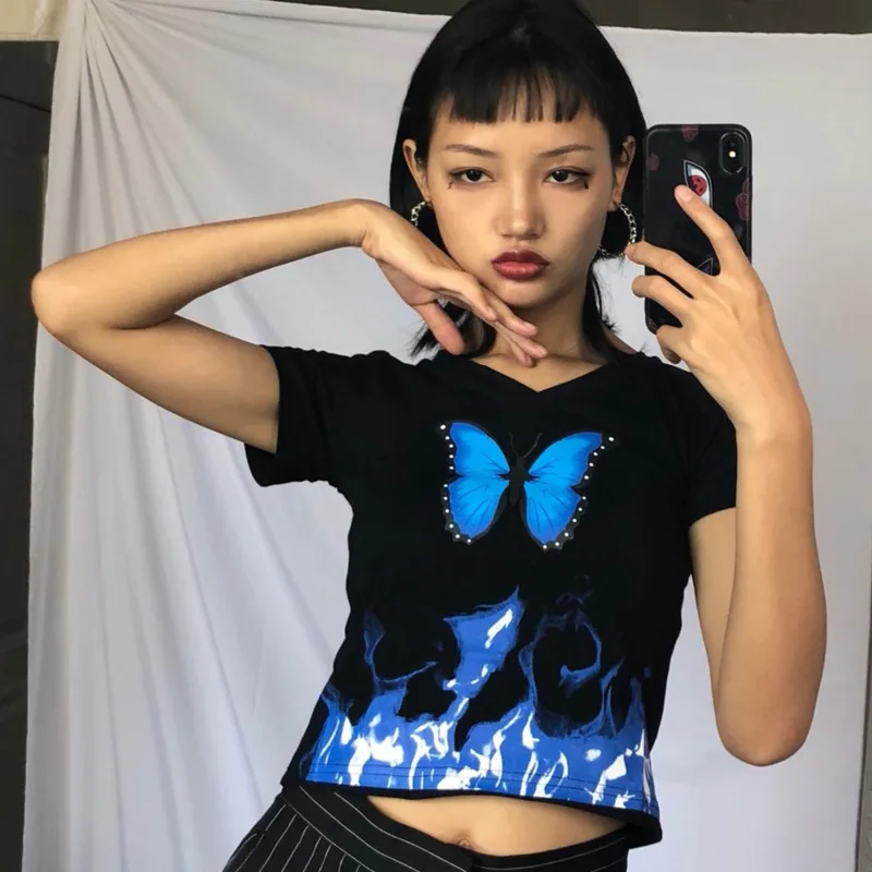 Летняя уличная футболка в стиле ретро с бабочками Новые Топы короткими рукавами
