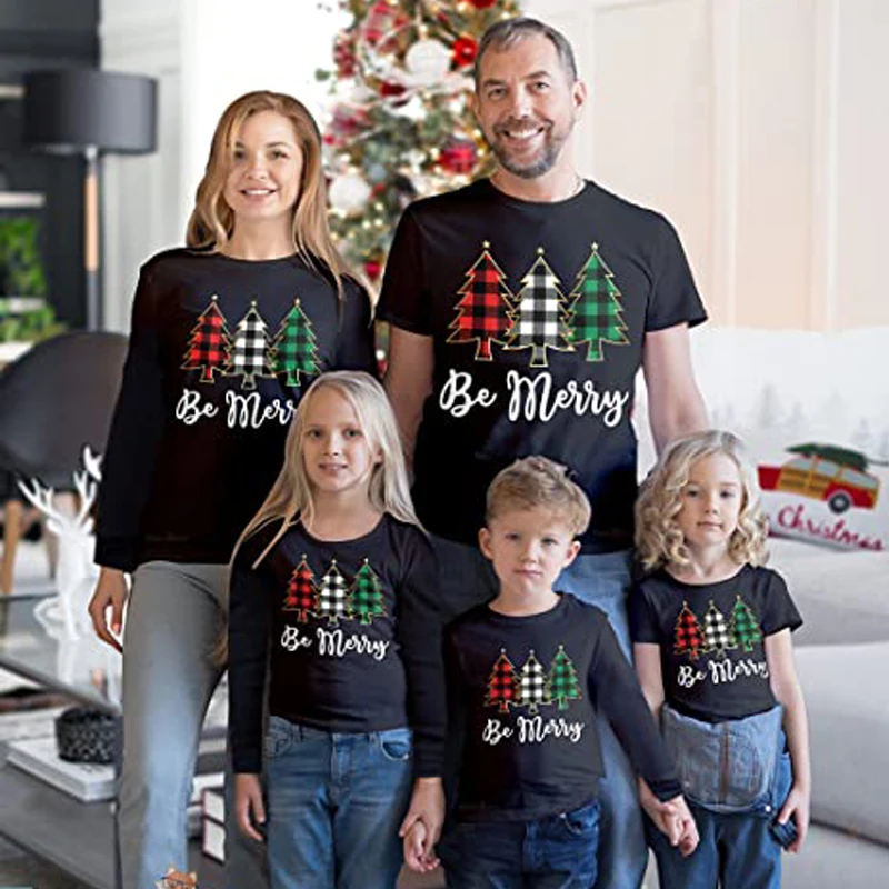 Christmas Be Merry Family Matching Pajamas T-Shirt Xmas Tree Shirts Graphic Tee Tops