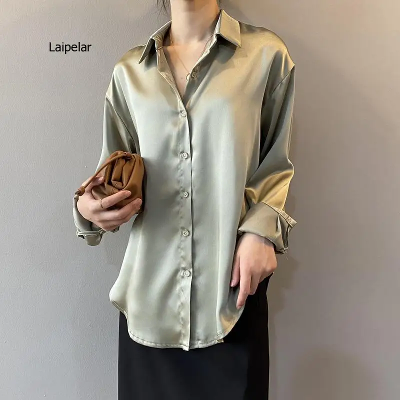 Autumn Fashion Button Up Satin Silk Shirt Vintage Blouse Women White Lady Long Sleeves Female Loose Street Shirts