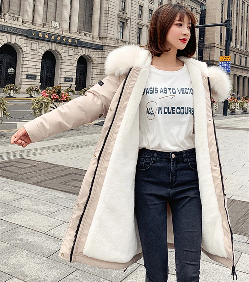 Модные осенние теплые зимние куртки Женский меховой воротник Длинная парка плюс