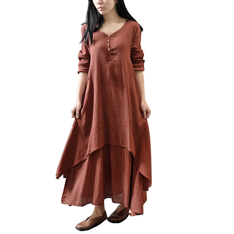 

2020 поддельные платья из двух частей с летними дамскими свободными длинными рукавами из хлопка и льна на пуговицах