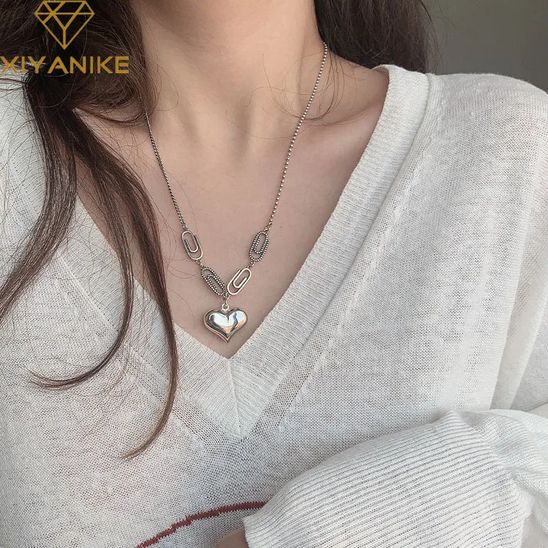 

XIYANIKE Silver Color Love Heart Paper Clip Necklace Female Hign Quality Retro Punk Jewelry Accessories Adjustable Gift