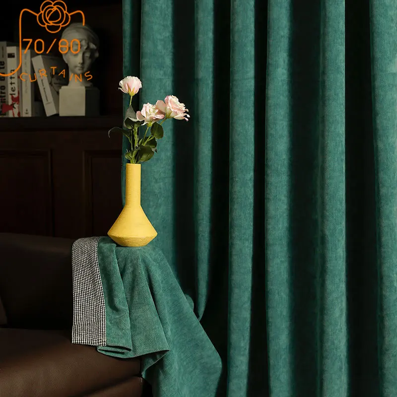 Light Luxury Green Chenille Blackout Curtains Edge Stitching Curtains for Living Room Bedroom Finished Product Customization