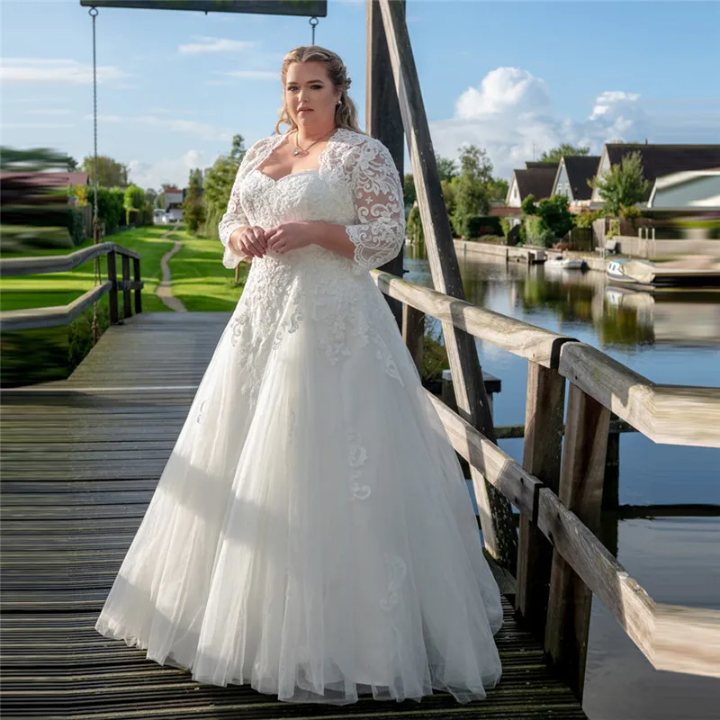 

Plus Size Lace Appliques Natural Waistline Wedding Dresses With Quarter Sleeves Jacket Two Piece Bridal Gowns 2021 Lace Up Back