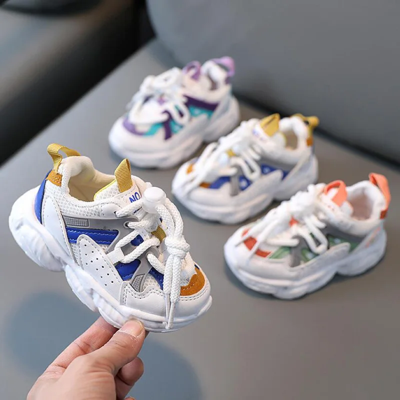 

2021 Kid Sneakers Baby Thick Mesh Shoes Color Patchwork Spring Boys Girl Run Walk Casual Sport Breathable Non-slip Shoe 21-36