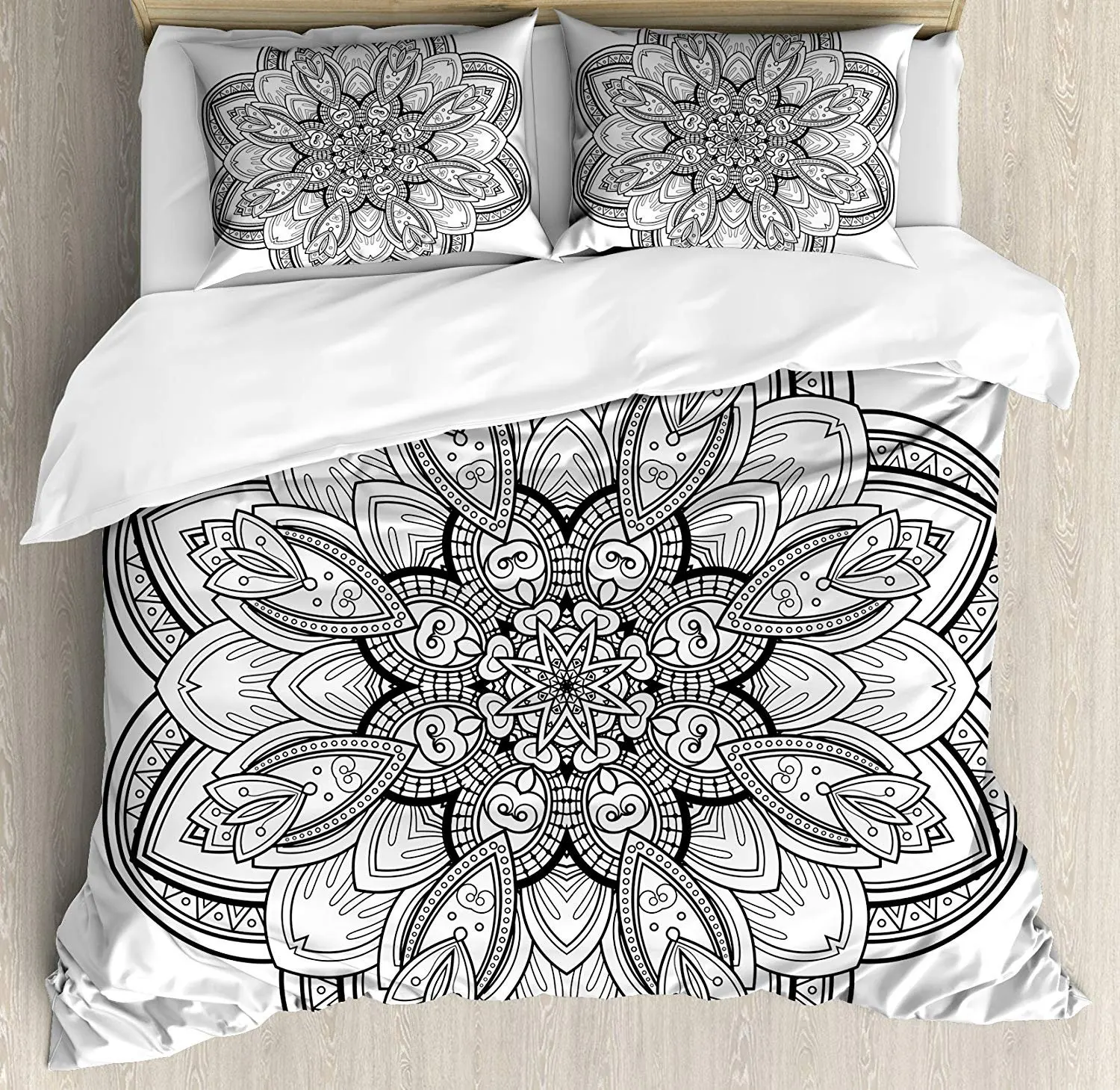 

Henna Bedding Set Mandala Design in Black and White Ethnic Inspirations Doodle Amulet Style Monochrome Duvet Cover Pillowcase