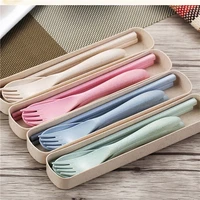 wheat straw cutlery set environmental protection blue fork spoon chopsticks boxed portable outdoor kitchen supplies tableware