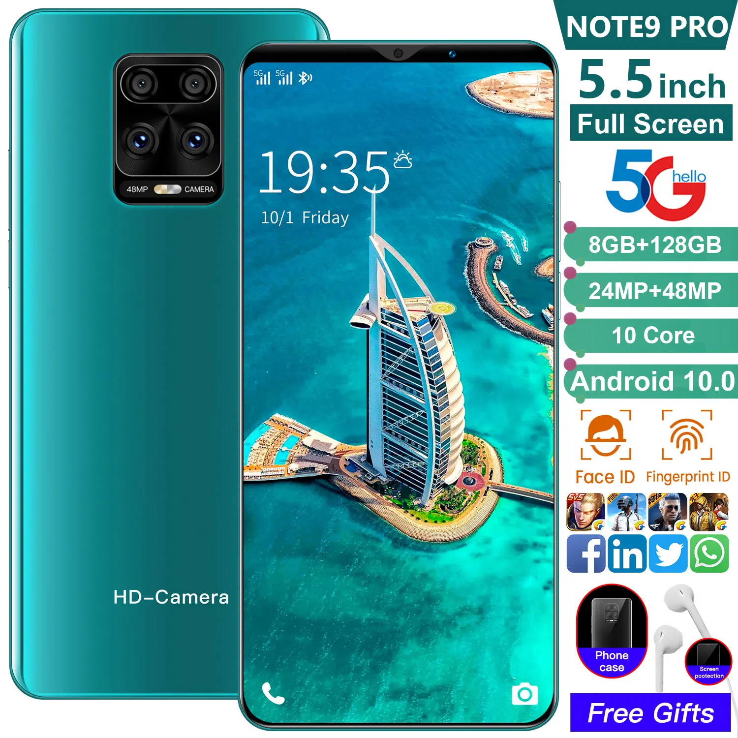 

Note9 Pro 5.5inch Smartphones 8GB+128GB Andorid Phone HD Screen Face ID Dual SIM 5G Notework Cellphones Global Version