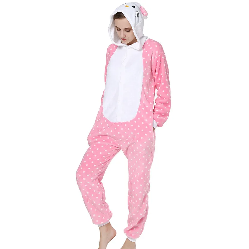 Kigurumi Bow Cat Pajama Adult Animal Onesie Women Men Couple Anime Winter Pajamas Suit Sleepwear Flannel Pijamas