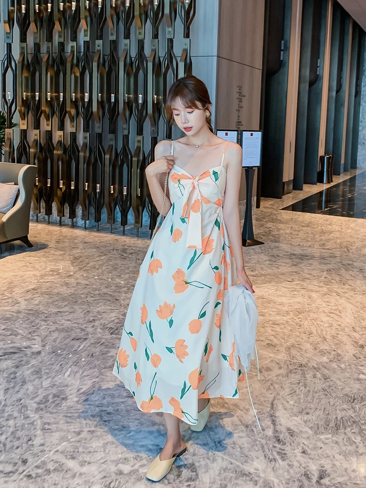 

Summer 2021 Runway Korean Casual Party Night Dresses Boho Tropical Beach Vacation Sundress Women Tulip Floral Chiffon Slip Dress