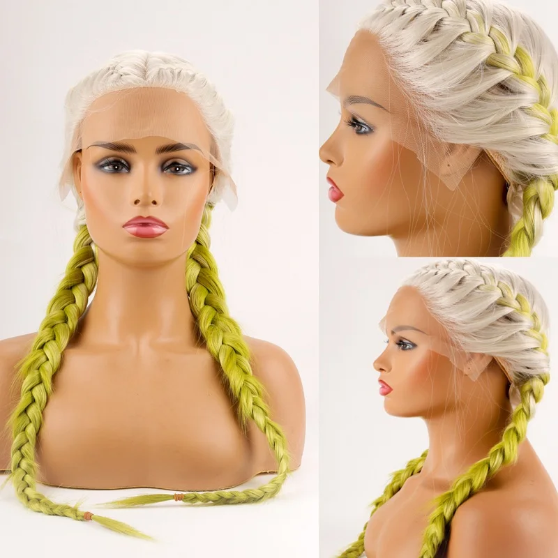 

DLME Green Ombre Double Braided Wig Glueless Long Straight Lace Wig Temperature Green Braid Synthetic Lace Front Wigs For Women