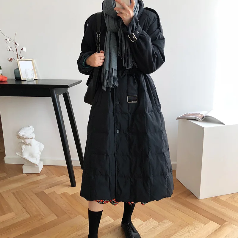 Winter Black White Duck Down Coats Long Slim Fashion Knee-length Sashes Beige Loose Office Lady Overcoats Womens Puffer Jacket