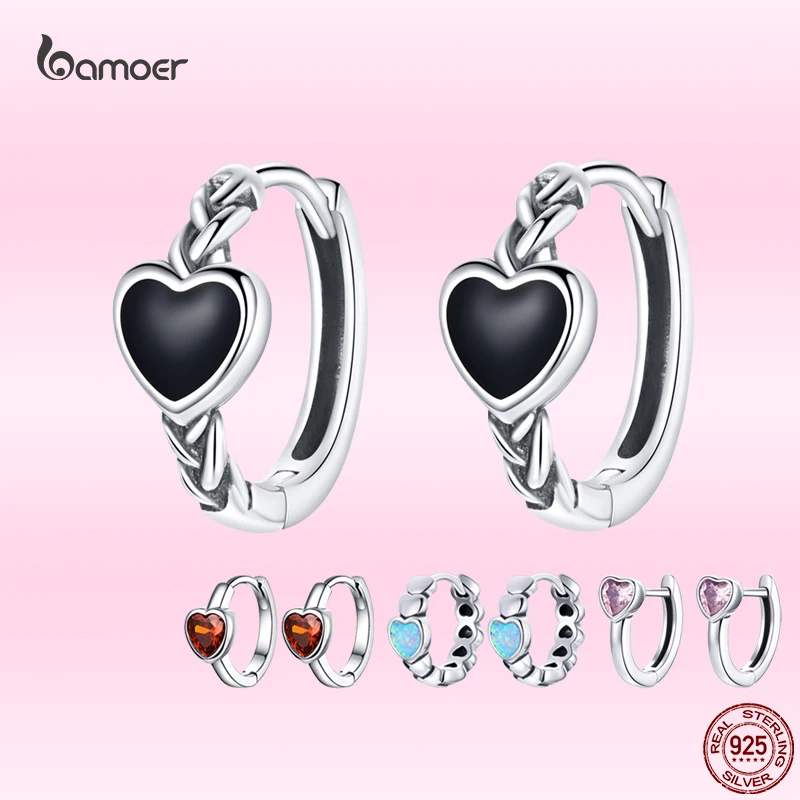 Bamoer Unique Black Love Earrings Real 925 Sterling Silver Heart Shape Earrings for Women Elegant Party Hypoallergenic Jewelry