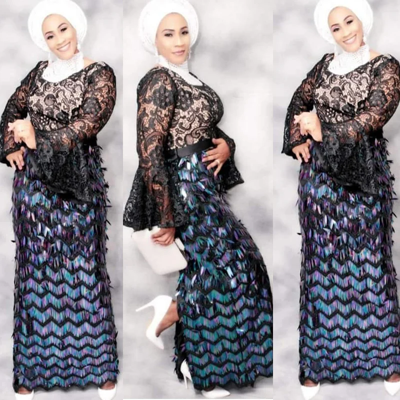 Синяя африканская сетка молочный шелк кружево блестки вышивка высокая