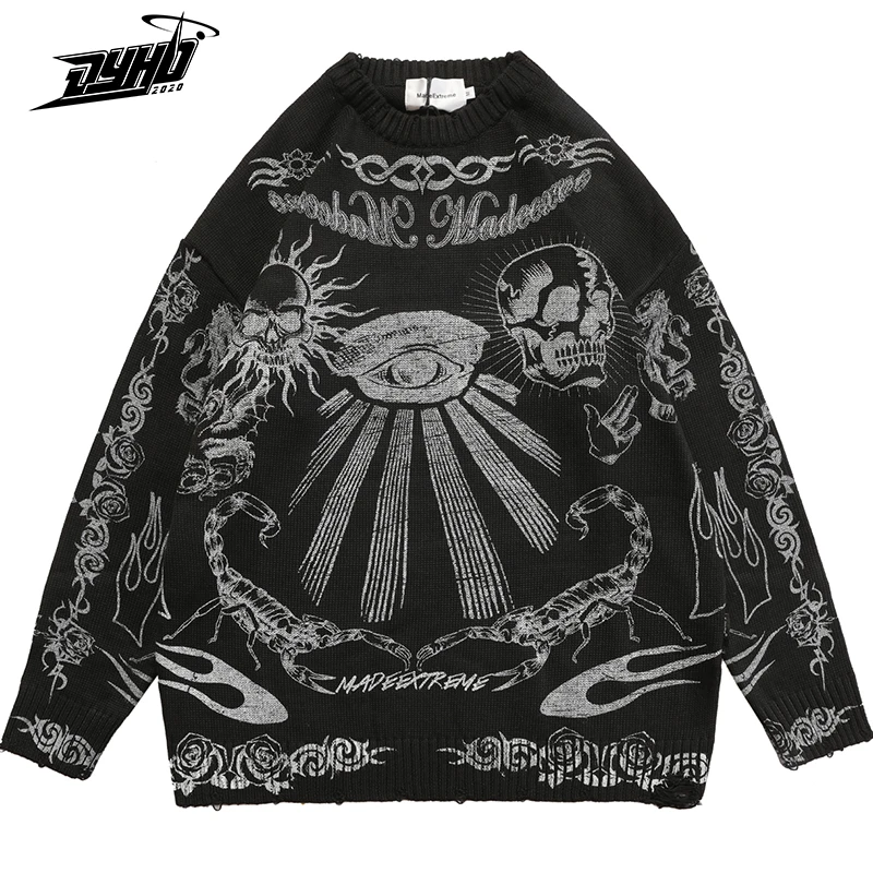 

FAKUNTNOversized Sweater Men Women Harajuku Skull Graffiti Retro Vintage Knitted Sweater Unisex Cotton Pullover 2021 Autumn