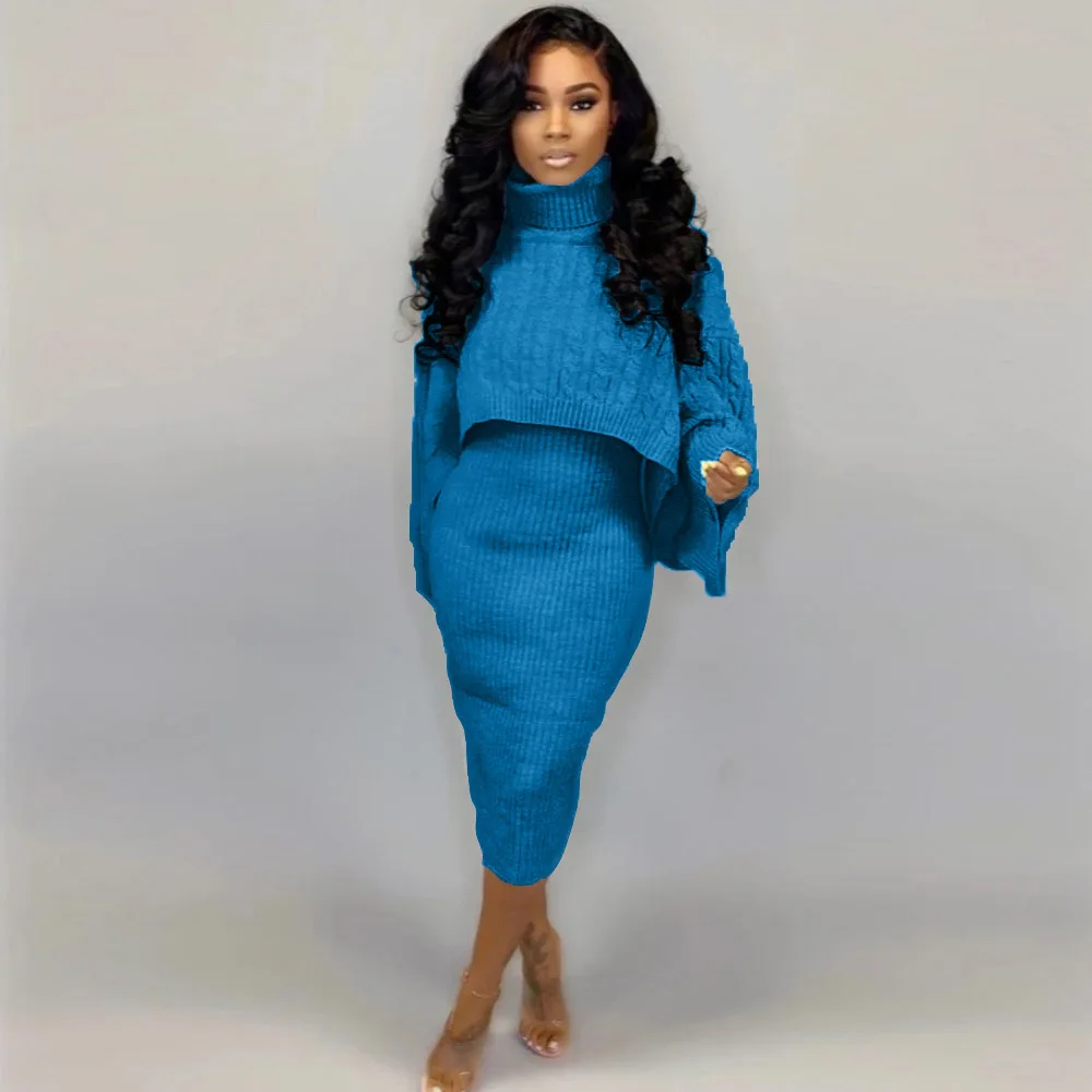 Autumn Winter Knitted Sweater Two Piece Set Turtleneck Long Sleeve Loose Crop Top+ Bandage Midi Tank Dress Plus Size Tracksuit