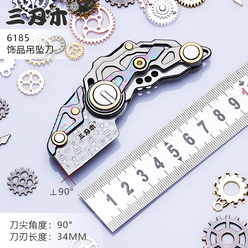 

Three blade wood new product Damascus steel folding knife titanium alloy pendant hanging neck tool open express sharp knife