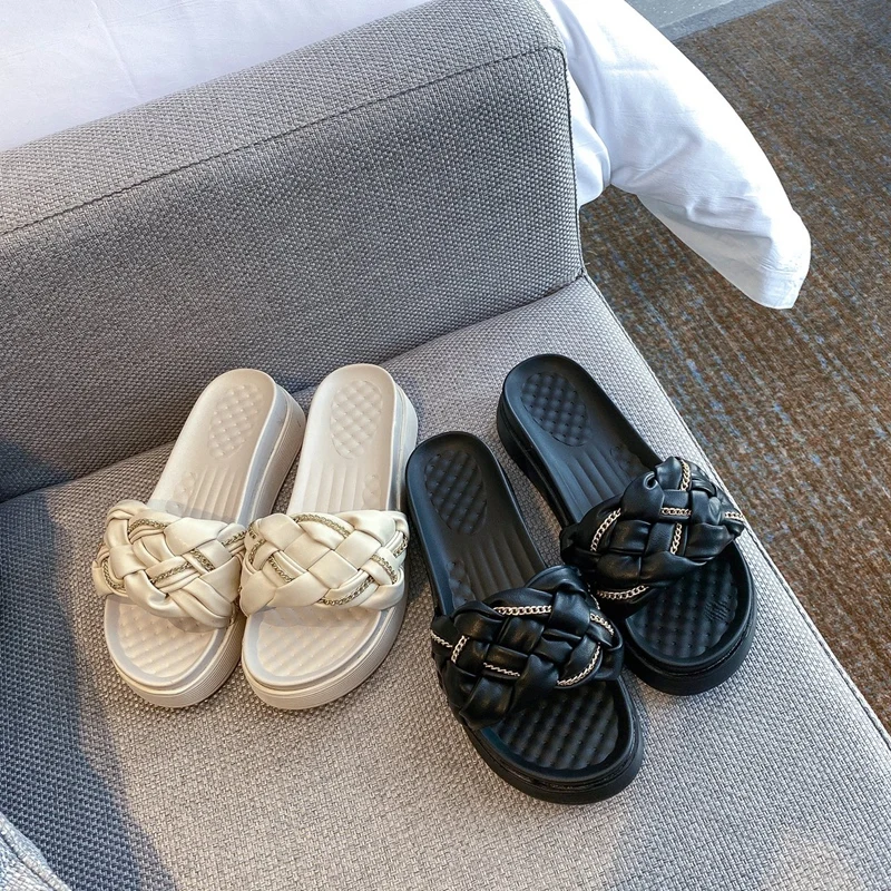 

House Slippers Platform Female Shoes Med Slides Fashion 2021 Summer Flat Luxury Rubber Basic PU Flat Shoes Female Slippers Casua