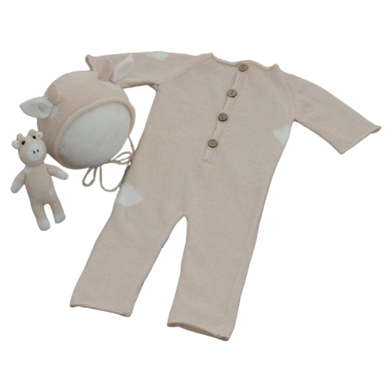 

3 Pcs Baby Knitting Cow Hat Animal Doll Romper Set Handmade Crochet Mohair Beanies Cap Bodysuit Newborn Photography Prop